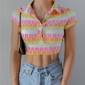 Free People Floral Crochet Knit Cropped Polo in Pink, Orange, Yellow, White